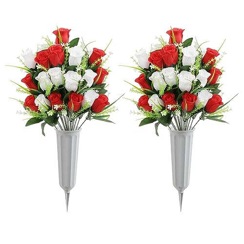 U'Artlines 2 Sets Künstliche Friedhofsblumen mit Vase, Grabblumen im Freien, Gedenkblume für Friedhof, lebensechter Rosenstrauß für Grabvase, Seidenblumenarrangements (Rot & Weiß) von U'Artlines