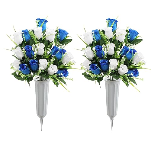 U'Artlines 2 Sets Künstliche Friedhofsblumen mit Vase, Grabblumen im Freien, Gedenkblume für Friedhof, lebensechter Rosenstrauß für Grabvase, Seidenblumenarrangements (Blau & Weiß) von U'Artlines
