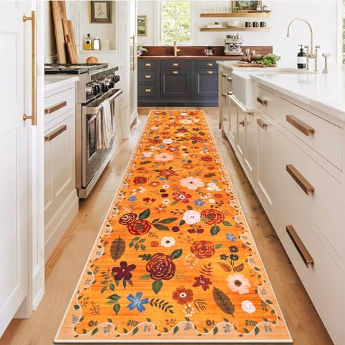 U'Artlines Boho-Läufer für Flur, Küche, Blumenmuster, weich, rutschfest, waschbar, für Eingangsbereich, Waschküche, Badezimmer, Orange von U'Artlines