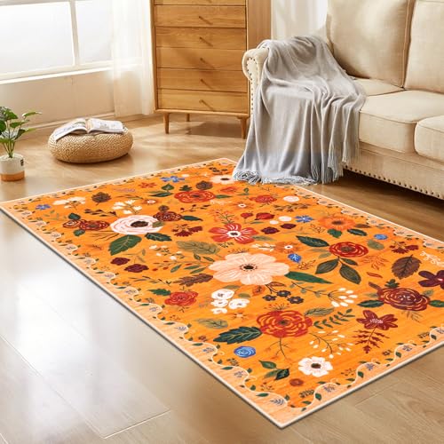 U'Artlines Herbst-Teppich mit Blumenmuster, maschinenwaschbar, ultraweich, niedriger Flor, rutschfest, fusselfrei, für Wohnzimmer, Schlafzimmer, Esszimmer, Büro (Orange) von U'Artlines