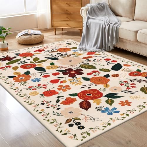 U'Artlines Teppich mit Vintage-Blumenmuster, maschinenwaschbar, ultraweich, niedriger Flor, rutschfest, fusselfrei, für Wohnzimmer, Schlafzimmer, Esszimmer, Büro (Beige) von U'Artlines