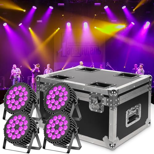 U`King LED Par Bühnenlicht Transportcase und 4 Stück 200W 18 LED Par Scheinwerfer RGB+UV Flightcase DMX512 8CH Hartschale/Leder/Baumwolle Futter/62,5 x 41 x 45,5 cm Anwendbar auf zeigen/Bar/Halloween von U`King