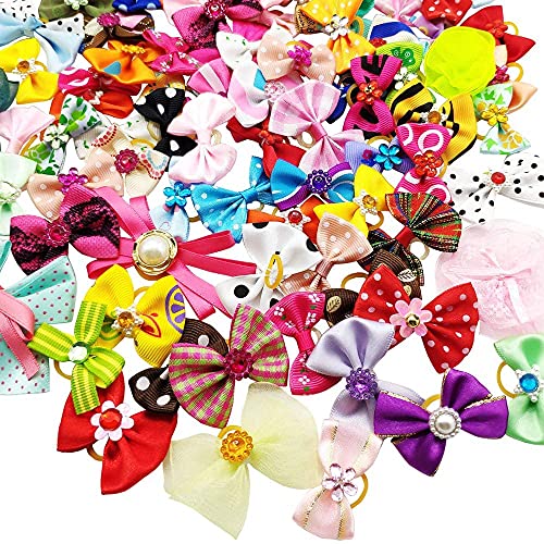 U-M 50pcs/ pack Haustier Katze Hund Haarschleifen Multicolor Strass Perlen Blumen Haarknoten Mit Gummibändern Welpen Haarschmuck Mix Farbe Zufällig Nettes Design von U-M