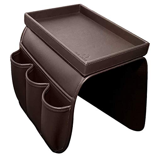 U NEATOPA Couch-Fernbedienungshalter, Sofa-Organizer mit abnehmbarem Snack-Tablett aus Holz für Liegestuhl, Matratzen, Stuhl-Armlehnen mit 4 Schlitzen – 1 große Taschen und 3 kleine Taschen (braun) von U NEATOPA