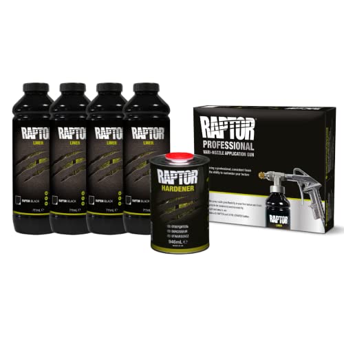 RAPTOR Beschichtung KIT, 4 Flaschen-Satz inkl. Härter 3,79 Liter, schwarz, mit Raptor Vari Nozzle Spritzpistole von U-POL