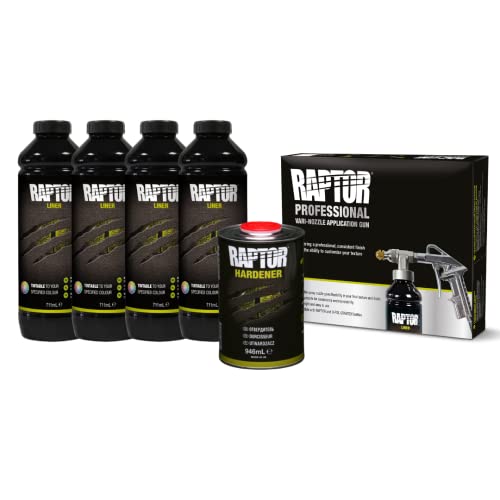 U-POL Raptor Beschichtung KIT, 4 Flaschen-Satz inkl. Härter 3,79 Liter, tönbar, mit Raptor Vari Nozzle Spritzpistole von U-POL