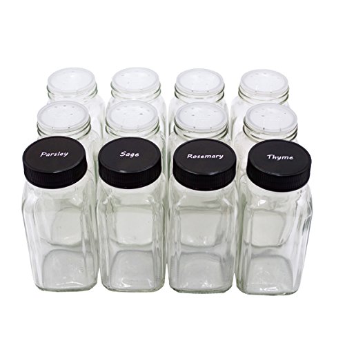 U-Pack U-Pack Gewürzflaschen aus Glas, quadratisch, 170 ml, mit schwarzem Kunststoffdeckel, Streudeckel und Etiketten, 12 Stück von U-Pack