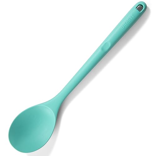 315℃ Hitzebeständiger Silikon Löffel, U-Taste solider Küchen Kochlöffel, antihaftbeschichteter BPA-freier Gummi-Servierlöffel großer Suppe zum Mischen Rühren Begießen (Aqua Sky) von U-Taste