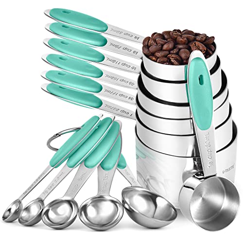 Messbecher und Messlöffel 12er-Set: U-Taste Nesting Cups, Teelöffel und Esslöffel aus Edelstahl 18/8 zum Backen Kochen, Stärkerer Geschweißter Griff (Aqua Sky) von U-Taste