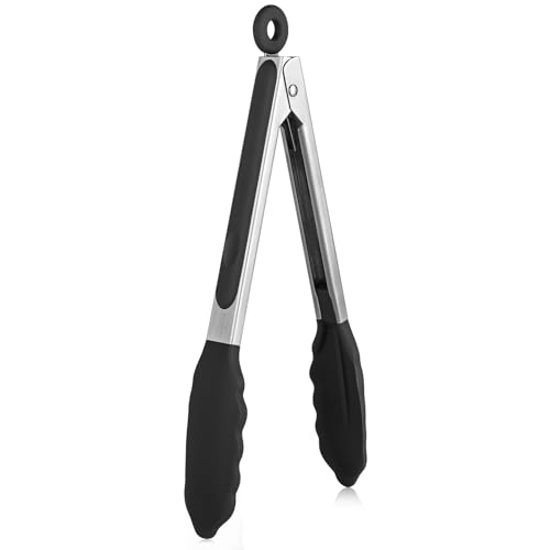 U-Taste 23cm Küchenzange aus Silikon: 250℃ hitzebeständige Kochzange mit fest versiegelten Antihaft-Gummispitzen & silikonbeschichtetem Stahlgriff & glatter Verriegelung zum Servieren (Schwarz) von U-Taste