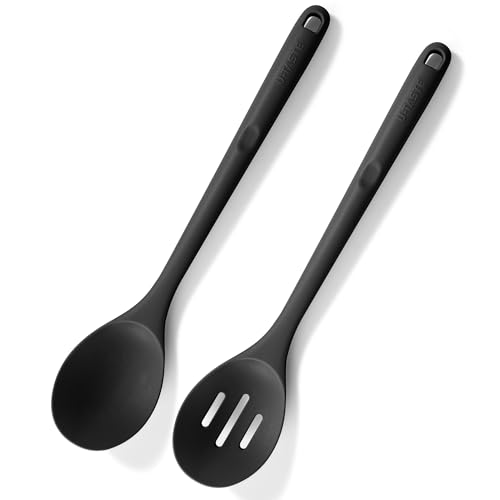 U-Taste 33,9 cm extra langer Silikon Löffel, 315℃ Hitzebeständiger BPA-freier Kochlöffel, antihaftbeschichteter massive und geschlitzter Servierlöffel zum Mischen Rühren Schöpfen (Schwarz) von U-Taste