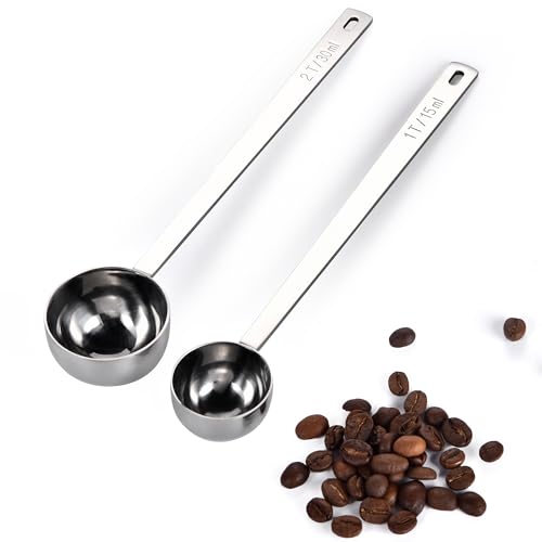 U-Taste Kaffeelöffel 2er-Set: Kaffeemesslöffel aus 18/8 Edelstahl mit 17,4cm extra langem Griff für gemahlenen Kaffee, Bohnen, Pulver, Espresso, ideal für hohe Kanister, Dosen (15&30 ml, Silber) von U-Taste