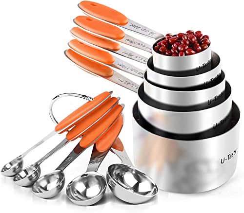 Messbecher: U-Taste 18/8 Edelstahl Messbecher und Messlöffel Set mit 10 Stück, Griff mit Verbesserter Dicke, Amerikanisch (Orange) von U-Taste