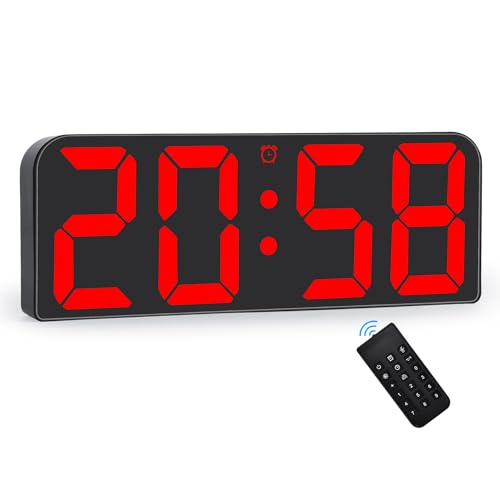 U-picks Große Digital Wanduhr Mit Adapter, LED Uhr Großes Zahlendisplay, Einstellbare Helligkeit, Drei Sätze Wecker, Leise Tischuhr für Wohnzimmer Garage-Rot von U-picks
