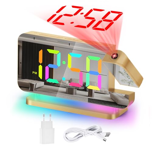 U-picks Projektionswecker,Wecker Digital,7.4" LED-Spiegeluhr mit um 180°Drehbarem Projektor,11 RGB-Farben-Digitalanzeige,10-Farben-Nachtlicht,5-Stufen Lautstärke Tischuhr Digital für Kinder,Mädchen von U-picks