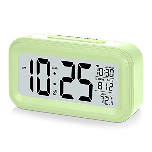 U-picks Smart Digitaler Wecker, 4.3'' LCD Display Tischuhr mit Snooze,Datum, Temperatur, 12/24Hr, Batteriebetrieben, Lichtsteuerung Intelligenter Wecker für Kinder und Erwachsene Schlafzimmer -Grün von U-picks