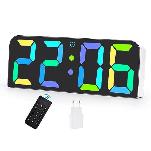 U-picks Wanduhr Digital Wecker Digital mit Adapter & Fernbedienung, Led Uhr Digital RGB Großes Zahlendisplay mit Einstellbare Helligkeit, DREI SäTze Wecker,Digitale Wanduhr Tischuhr für Home-Weiß von U-picks