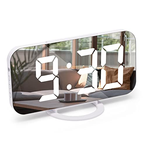 U-picks Wecker Digital, LED Digitale Uhr, 6,5" Digitaler Wecker Tischuhr mit Snooze, Verstellbare Helligkeit, Spiegelwecker Wecker 0hne Ticken für Nachttisch, Schlafzimmer,Room Dekor und Büro-Weiß von U-picks