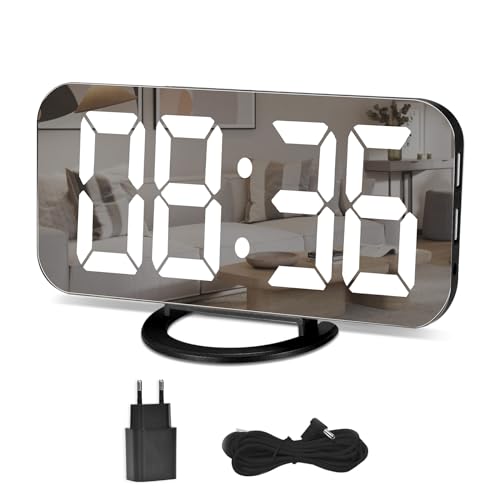 Digitaler Wecker, Spiegel, Wecker, großes Display, 6,5 Zoll (6,5 Zoll), mit Dimmmodus, Helligkeit verstellbar, 2 USB-Ladeanschlüsse, große Snooze-Taste für Home Decor schwarz von U-picks