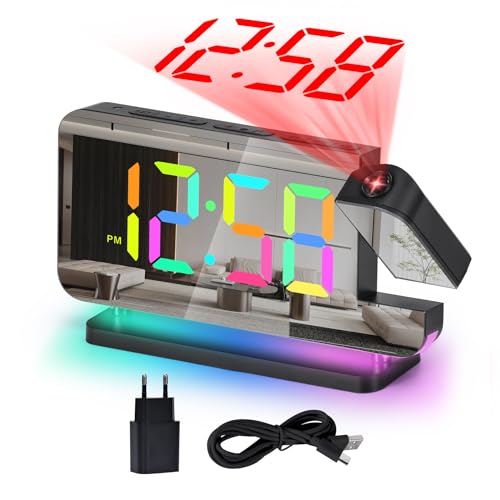 U-picks Wecker Digital,Wecker Mit Projektion,7.4"LED-Spiegeluhr mit um 180°Drehbarem Projektor,11 RGB-Farben-Digitalanzeige,10-Farben-Nachtlicht,5-Stufen Lautstärke Tischuhr Digital für Kinder,Mädchen von U-picks