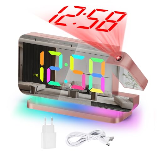 U-picks Wecker Digital,Wecker Mit Projektion,7.4"LED-Spiegeluhr mit um 180°Drehbarem Projektor,11 RGB-Farben-Digitalanzeige,10-Farben-Nachtlicht,5-Stufen Lautstärke Tischuhr Digital für Kinder,Mädchen von U-picks