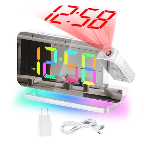 U-picks Wecker Mit Projektion,RGB Wecker,7.4"LED-Spiegeluhr mit um 180°Drehbarem Projektor,11 RGB-Farben-Digitalanzeige,10-Farben-Nachtlicht,5-Stufen Lautstärke Tischuhr Digital für Kinder,Mädchen von U-picks