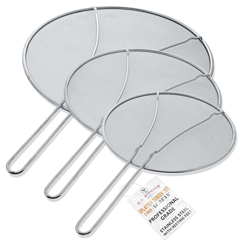 U.S. Kitchen Supply 33 cm, 29,2 cm, 24,1 cm Edelstahl Feinmaschiger Spritzschutz mit Standfüßen Set – Verwendung auf Kochtöpfen, Bratpfannen – Fettschutz von U.S. Kitchen Supply