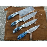 Damacus Stahl 4 Stk. Chef Messer Set Küchenmesser Und Leder Rolltasche von UADAMASCUS