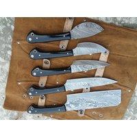 Damaststahl 5 Stück Kochmesser Set Küchenmesser Und Leder Roll Tasche von UADAMASCUS