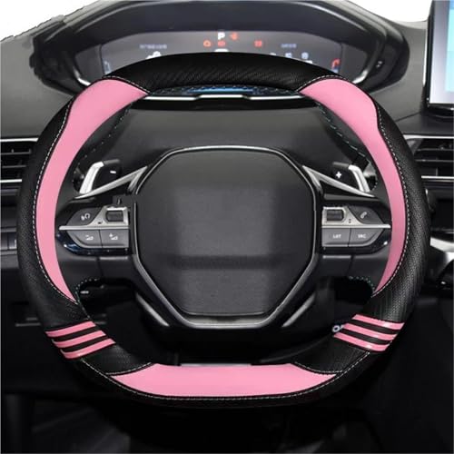 UAGFDFF Lenkradschoner Für Peugeot 2008 I II 2013-2022 Auto-Lenkradabdeckung Kohlefaser + PU-Leder Mode Auto-Innenausstattung Lenkradabdeckung(Type B-Pink) von UAGFDFF