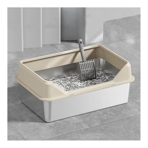 Katzentoilette, Katzentoilette aus Edelstahl for Kätzchen und Kaninchen, leicht zu reinigende Metallwanne Katzentoilette(Khaki) von UANFHWZF