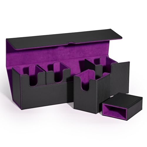 UAONO Karten-Deck-Box mit Würfelablage für MTG, 5-in-1-Kartendeck-Hülle für 800+ unSleeved-Karten, starker Magnet-Organizer, kompatibel mit Yugioh TCG Sportkarten (Schwarz Lila) von UAONO