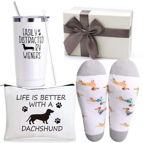 Dackel-Geschenke für Frauen, 590 ml, Weinglas-Geschenke für Hundeliebhaber, einzigartige Geschenkidee, Korbbox mit Socken für Tierärzte, Tierrettung, lustiges Geschenk für neue Welpen, Babybesitzer von UAREHIBY