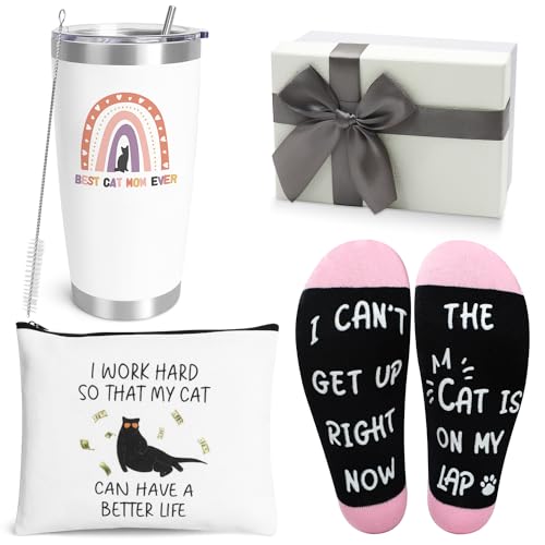 UAREHIBY Katzenmutter-Geschenke für Frauen, 590 ml Weinglas, Geschenke für Katzenliebhaber, verrückte Katzenfrauen, Geschenke mit Kosmetiktasche, lustige Dinge mit Katzenmotiv, Freund, Katzenzubehör von UAREHIBY
