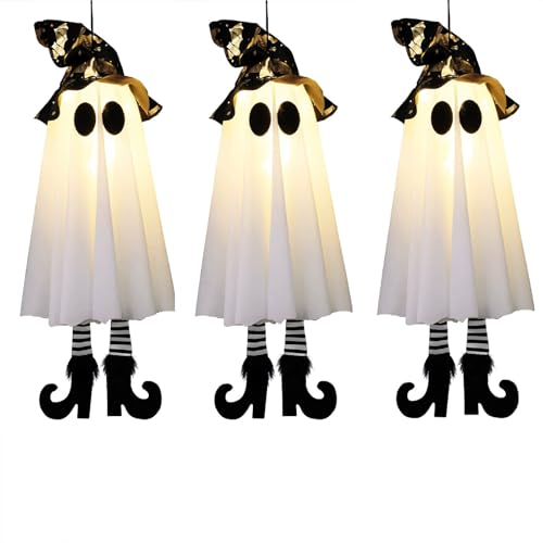 3PCS Halloween Hanging Ghosts, Glowing LED Specter Hanging Ornament, Ghosts Wearing Witch's Hat and Striped Stockings, Halloween Decorations for Garden Lawn Porches Patio Backyard von UATARU