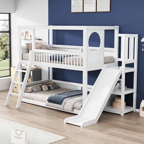 90 x 200 cm Children Bunk Bed with Stairs, Slide and Storage Shelf, Double Bed with Fall Protection and 2 Slatted Bases, Without Mattress von UATARU