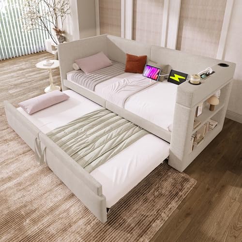 90x200 cm Upholstered Daybed, Single Sofa Bed with Pull-Out Bed, Armrests with USB & Type-C Charging Connection and Drink Holder, Without Mattress ﻿ (Beige) von UATARU