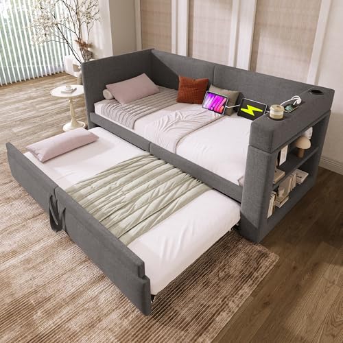 90x200 cm Upholstered Daybed, Single Sofa Bed with Pull-Out Bed, Armrests with USB & Type-C Charging Connection and Drink Holder, Without Mattress ﻿ (Gray) von UATARU