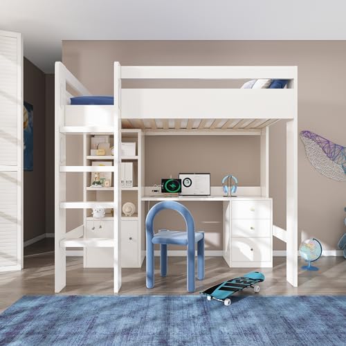 Children's Bed 90 x 200 cm, Loft Bed with Desk, Wardrobe, File Cabinet & USB, Bed Frame with Slatted Frame for Children (Without Mattress) von UATARU
