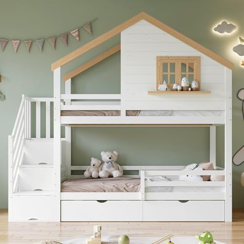 Children's Bunk Bed 90 x 200 cm for 2 Kids, Tree House Bed with Window and Roof, 2 Drawers, Slatted Frame, Stairs and Fall Protection, Mattress Not Included von UATARU