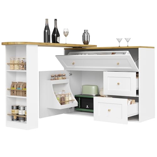Extendable Bar Table with Storage Space, Rotatable Dining Room Bar Bistro Table with Snack Rack (White) von UATARU