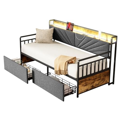 Iron Sofa Bed 90 * 200 cm Day Bed with Lighting, Charging Socket and Drawers, Space Saving Functional Bed with Metal Slatted Frame, Without Mattress (Black) von UATARU