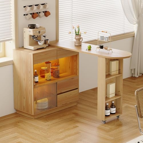 L-Shaped Desk with Shelf and Light Strip, Swivel Table Top, 360° Rotation, Storage Space with 4 Drawers & Sliding Glass Doors, Mobile Desk for Office, Home Workplace, Dining Table von UATARU