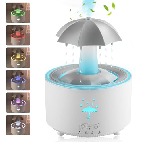 Rotating Umbrella Rain Humidifier, 7 Color Raindrop Waterfall Lamp, Aromatherapy Diffuser Essential Oil Humidifier with Rain Sounds For Sleeping (White) von UATARU