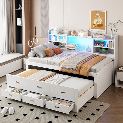 Sofa Bed Day Bed with Pull-Out Bed, 3 Drawers and USB Type C, LED Bed with Storage Shelf and Wooden Slatted Frame, Mattress Not Included (90cm*200cm) von UATARU