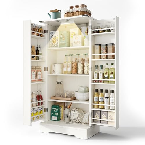 UATARU 128.5cm Kitchen Cabinet with Lighting, Multipurpose Storage Cabinet Buffet with Adjustable Shelf and Door Shelves for Living Room, Dining Room von UATARU