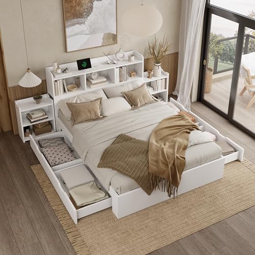 UATARU 140 * 200 Wooden Double Bed with 4 Drawers, 2 Pull-Out Bedside Tables, Mobile Phone Charging Function, Headboard with Storage UATARU 140 * 200 Wooden Double Bed with 4 Drawers, 2 Pull-Out Bedside Tables, Mobile Phone Charging Function, Headboard with Storage von UATARU