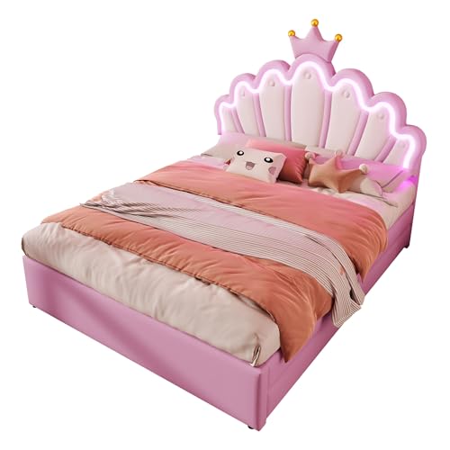 UATARU 140 x 200 cm Children's Bed with 2 Drawers, Upholstered Bed with Crown Shaped Adjustable Headboard for Girls, Mattress Not Included (Pink) von UATARU