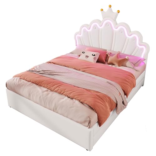 UATARU 140 x 200 cm Children's Bed with 2 Drawers, Upholstered Bed with Crown Shaped Adjustable Headboard for Girls, Mattress Not Included (White) von UATARU