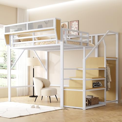 UATARU 140 x 200 cm Metal Bunk Bed Frame with Storage Ladder, Fall Protection (White) von UATARU